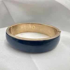Vintage Y2K Navy Enamel Hinge Clasp Wide Bangle Bracelet Gold Tone Jewelry